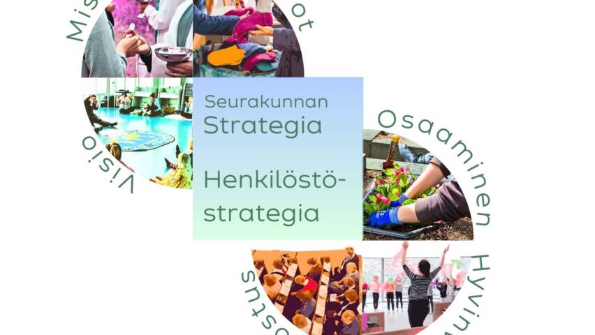 strategiakaavio, jossa lukee: "Missio, arvot, visio, osaaminen, hyvinvointi, arvostus"